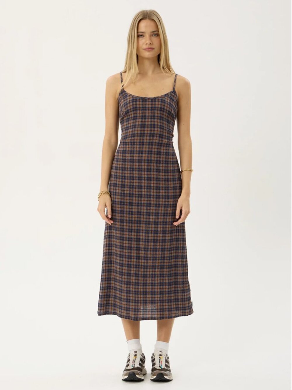 AFENDS Womens Rumi Seersucker Midi Dress Shev Indigo Check - SIZE SMALL 4 US